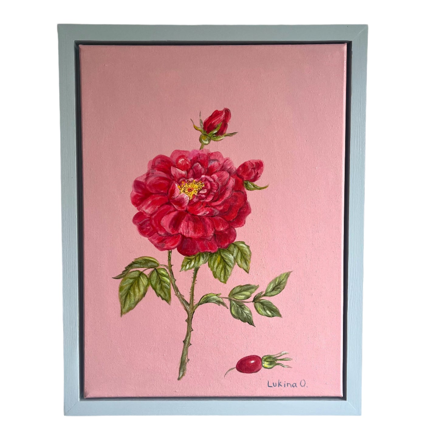 Framed artwork of a red rose on a pink background