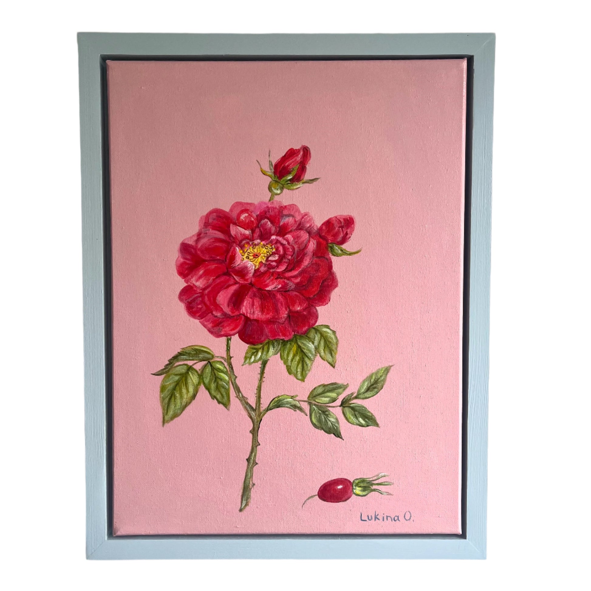 Framed artwork of a red rose on a pink background